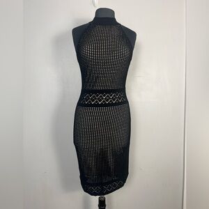 New John & Jenn Dress Midi medium Bodycon Stretch Open Weave Black Isabel Dress